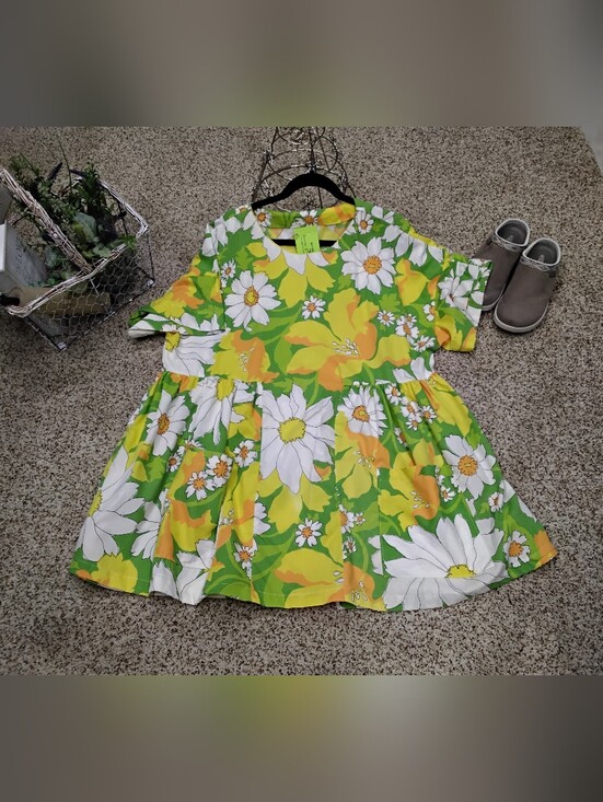 Handmade Dresses & Skirts - 3958 Size XL Floral Green & Yellow Dress Made From A Vintage Curtain, Handmade.